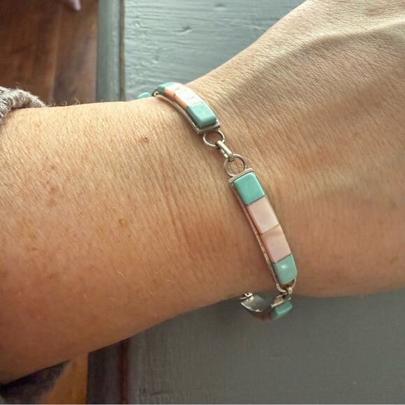 925 Sterling Silver Mother of Pearl & Turquoise Linked Bar Bracelet - Picture 1 of 11